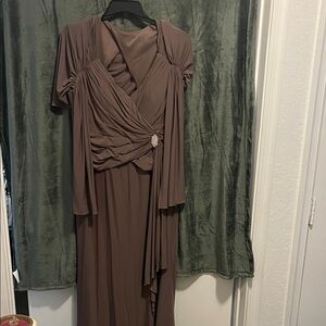 Cameron Blake Elegant Brown Maxi Dress with Brooch Accent